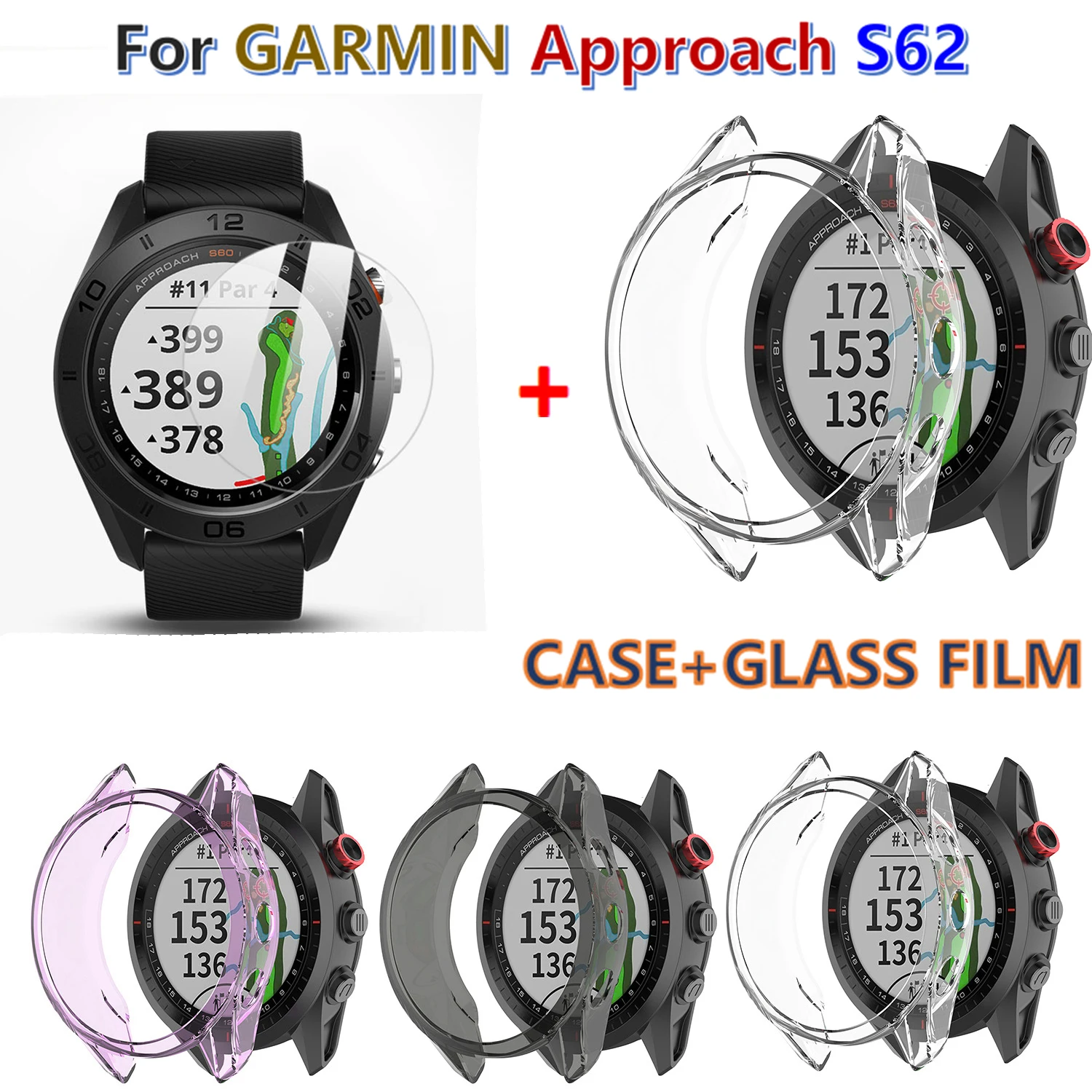 Garmin Approach S62용 커버 팔찌 베젤 프레임 스크린 프로텍터 Garmin Approach S62 케이스 2 in 1 스마트 워치용 유리 필름
