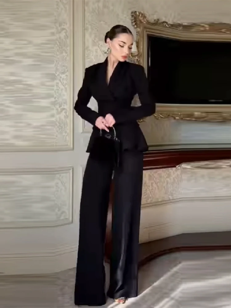 Chic 3d Bead Black Suit Pant Set Long Sleeved V-neck Waist Lace Up Suit Jacket Cozy Versatile Pant 2026 Commuting Woman Clothing