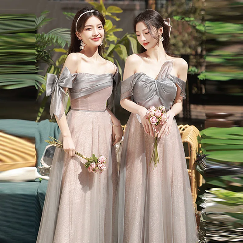 

Women's Grey Pink One Shoulder Bridesmaid Dresses New Spring Sisters Group Dress Female Slim Long Style Banquet Evening Dress