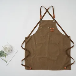 Versatile Thick Canvas Apron with Denim Strap (Brown)