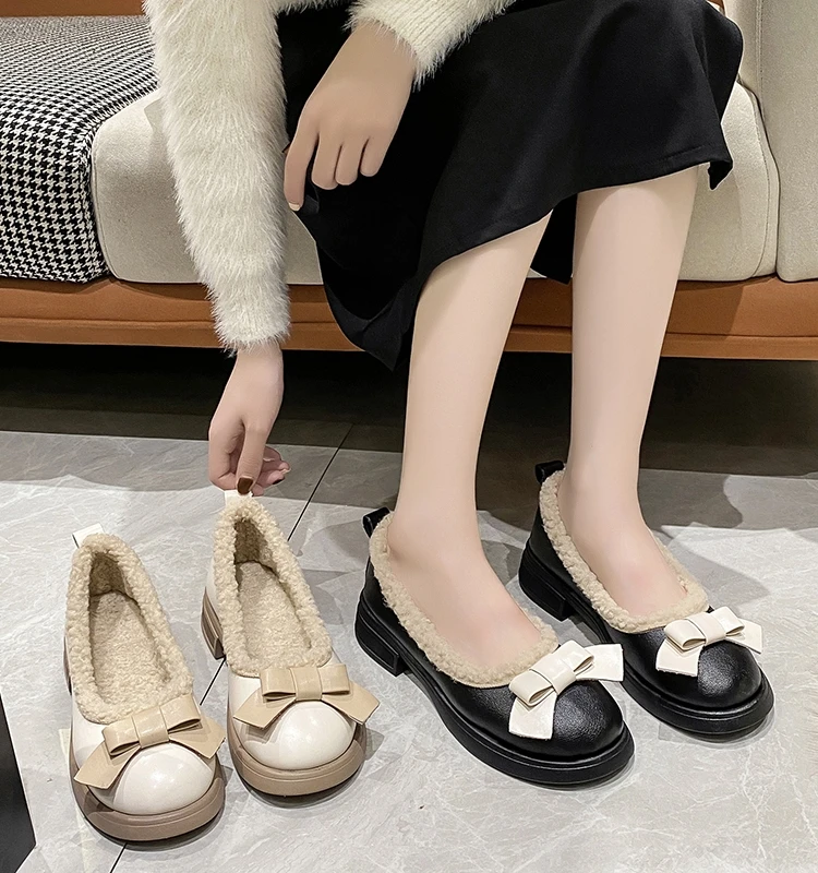 

Туфли-оксфорды женские с круглым носком, меховые лоферы, без застежки, с бантом, повседневная обувь, осень