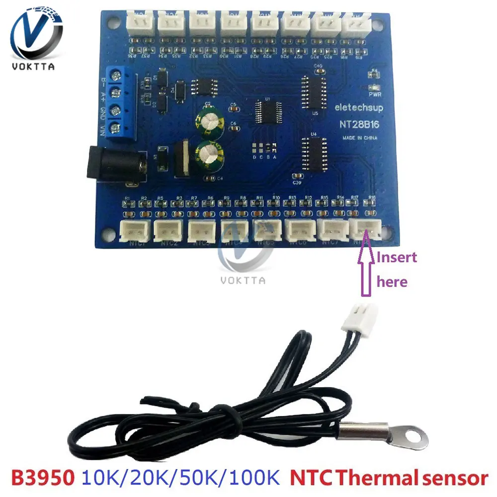

16Ch RS485 Temperature Collector Modbus RTU Paperless Recording 10K/20K/50K/100K B3950 NTC Sensor NT28B16 Temperature Sensor