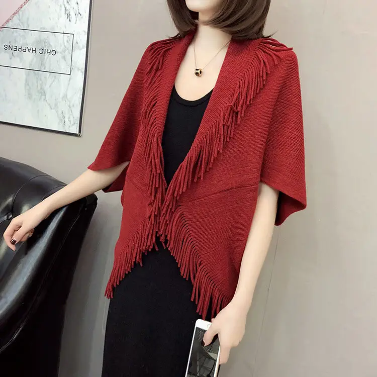 

Red Women Spring Knit Tassels Open Stitch Lady Out Loose Coat Sweater Vest Party Scarf Over Cloth Top Shawl Cloak Cape Poncho