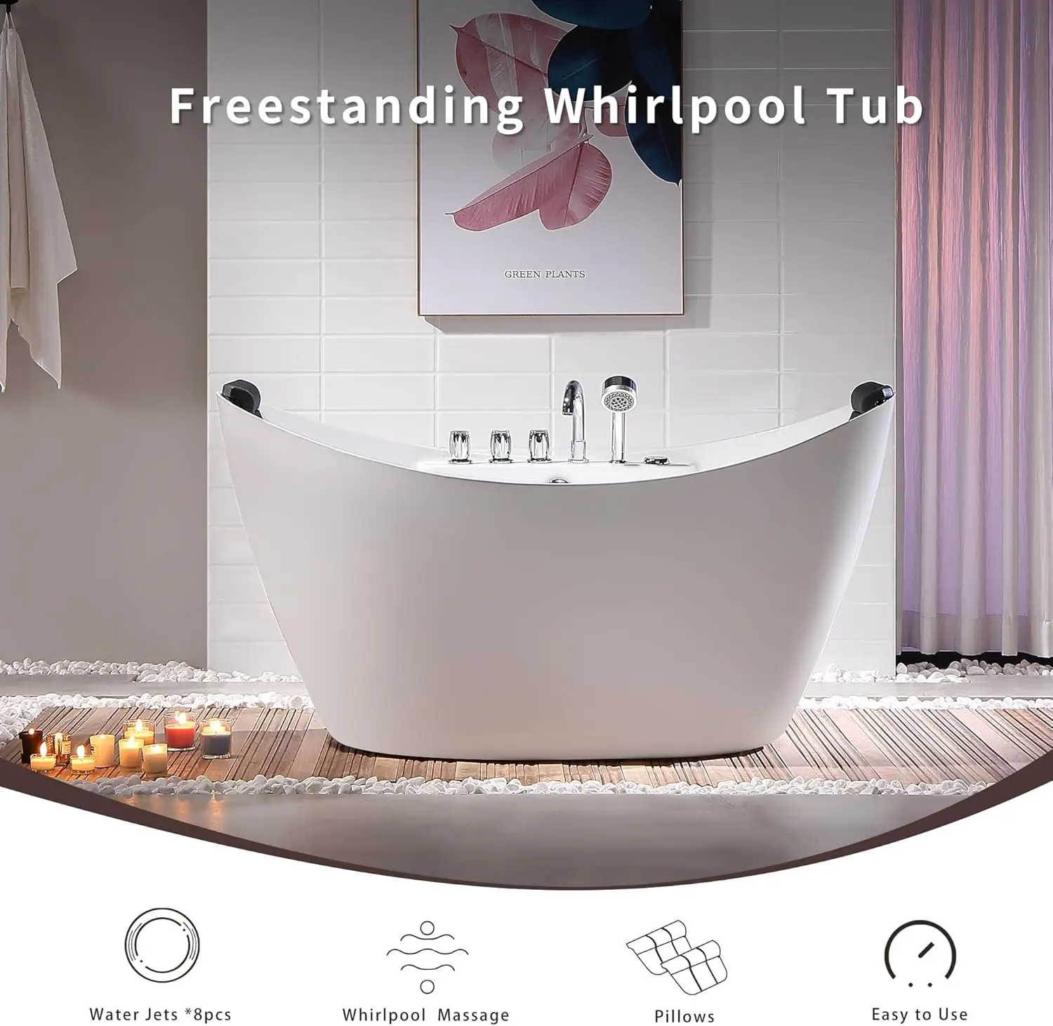 59 Inch Freestanding Whirlpool Bathtub with Hydromassage Adjustable Water Jets Luxury Acrylic Massage SPA Soaking Bath Tub 5