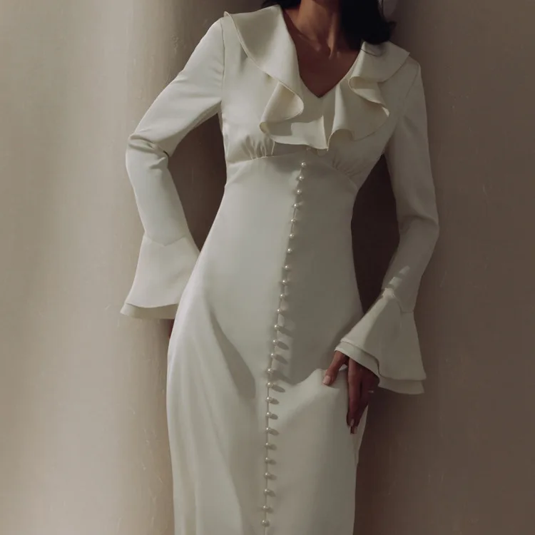 Ruffled Elegant For Women Long Dress Fashion V-Neck Patchwork Long Sleeve Slim Party Dress Gown White Spring Maxi Dress