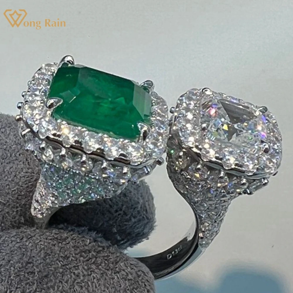 

Wong Rain 925 Sterling Silver Asscher Cut Emerald High Carbon Diamond Gemstone Jewelry Cocktail Party Open Ring for Women Gifts