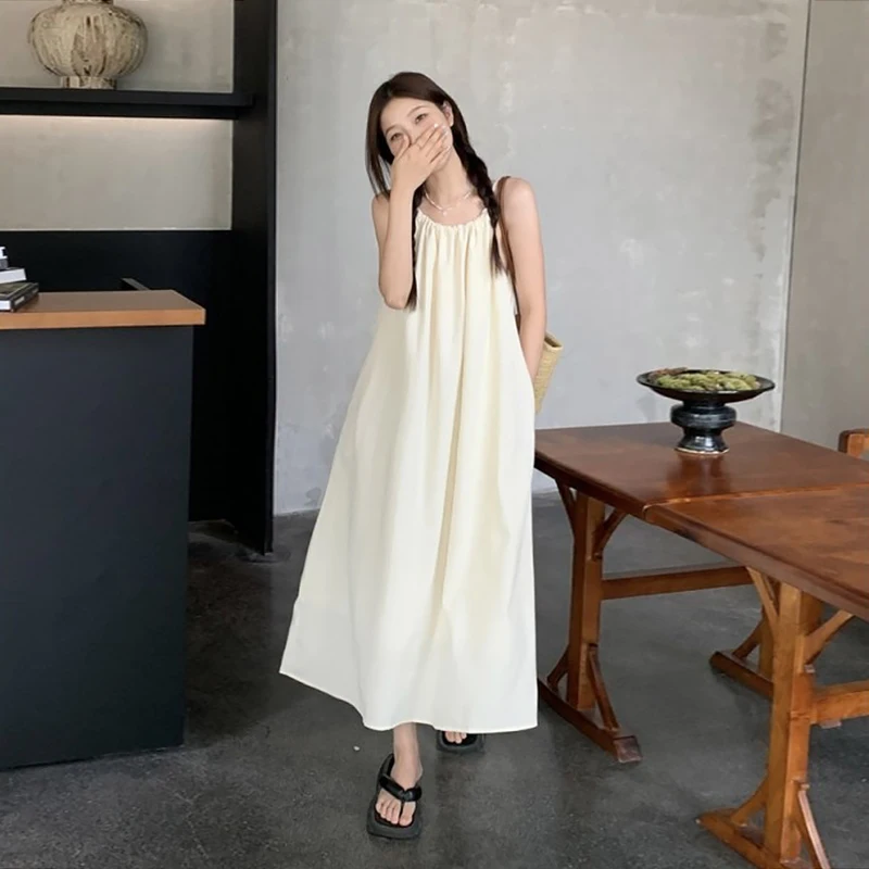 

Women Clothes Summer Solid Sleeveless Loose Casual Beach Holiday Long Dress