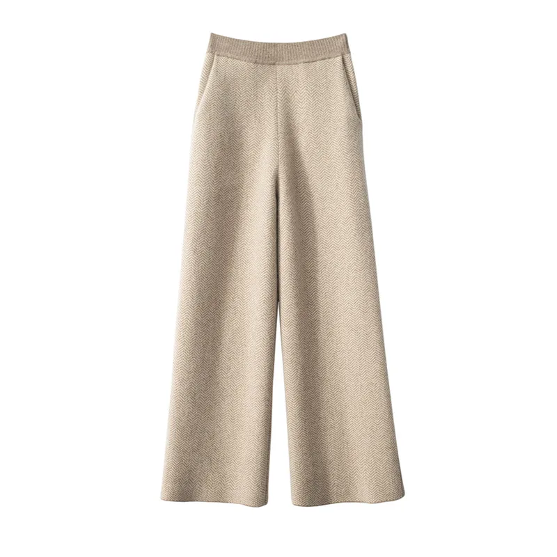 

2023 New Autumn Winter Women 100% Cashmere Pants Soft Comfortable High-Waist Knitted Female Cashmere Thicken Wide Leg Pants