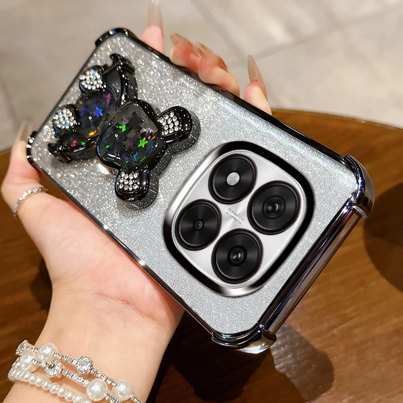 Luxury Glitter Bear Holder Case with Shockproof Bracket Stand and Plating Finish
