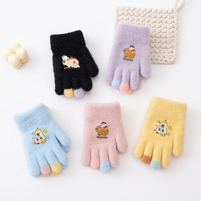 2-5 Years Baby Girls Boys Gloves Winter Cute Cartoon Capybara Full Finger Mittens Children Outdoor Playing Warm Soft Kids Gloves