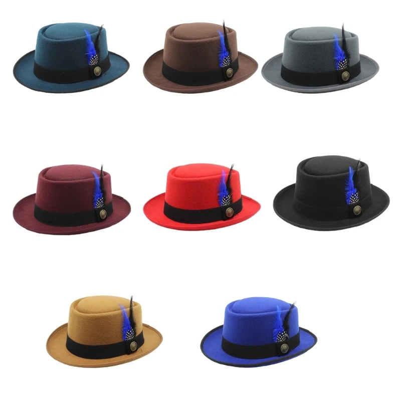 

Solid Color Feathers Ribbon Felt Fedora Hats Men Party Fashion Jazzs Top Hat Cap M6CD