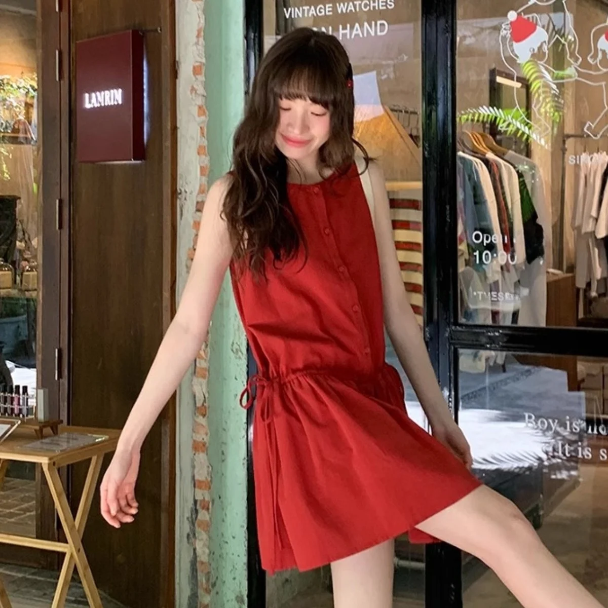 Summer New Women's Cotton Lin Dr Dstring Waist Loose round Ne Doll Vest Skirt Korean Sle Commute Sle ort Skirt - Image 5