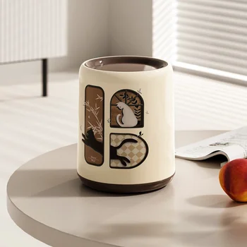 Mini plastic table dustbin with retro cat print patterns 1 piece, office push-top lid with cylinder, bedside storage container with lid 1