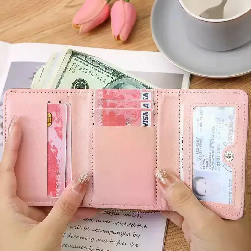 Women's Wallet Tri Fold Card Bag PU Multi Objects Pocket Short Fashion Embroidered Love Pattern Korean Minimalist