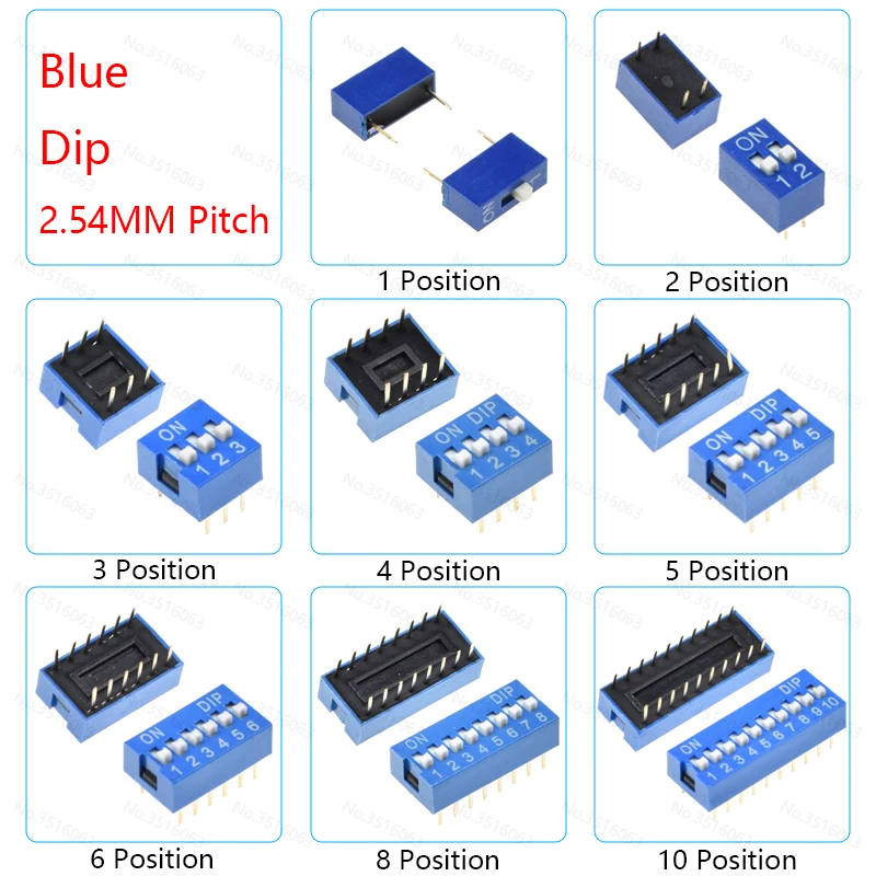 thumbnail image 1 of 5/10 piezas de interruptores de palanca deslizantes de paso de 1,27 mm/2,54 mm, DIP/Smd/ángulo recto, doble fila, 1/2/3/4/5/6/8/10/12 posiciones/bits/vías/canales/pins, 1 of 4