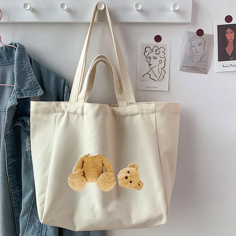 Foldable Shopping Bags Totes Ladies Canvas Shoulder Bags Bear Pattern Printed Student Shopper Bags Travel Work Handbag  Pouch