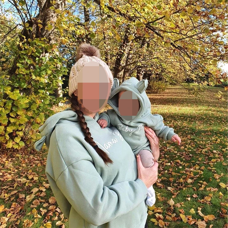 2025 Custom Family Match Mom Kids Bear Hooded Sweatshirt Fleece Spring Warm Clothes Baby Boys Girls Thick Personalized Tracksuit 2