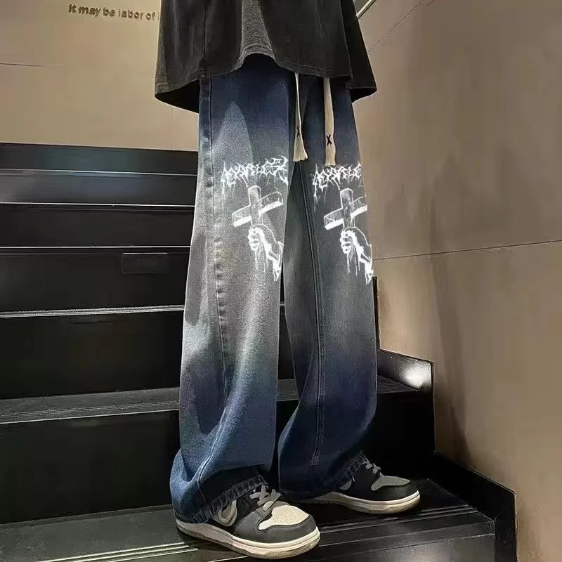 ICCLEK Gradient Cross Jeans Men's Fashion Retro Pants