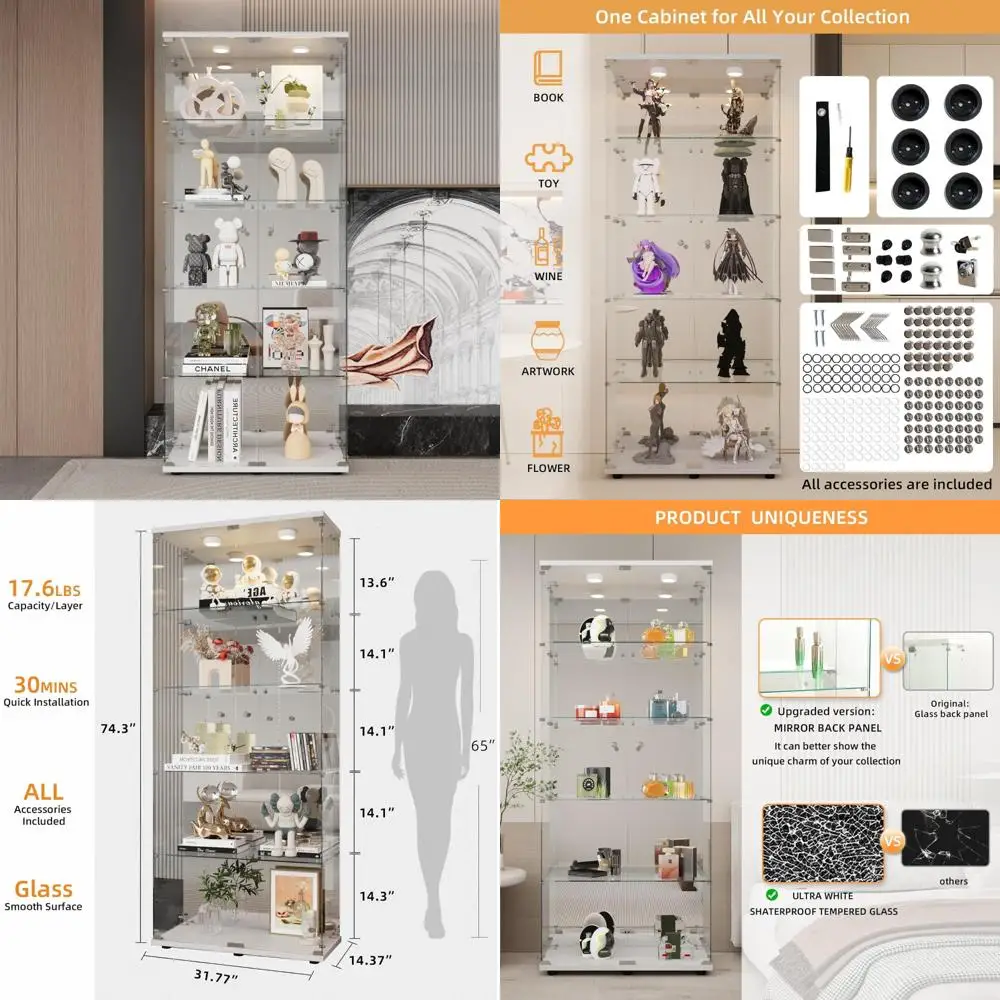 LED Illuminated 5-Shelf Glass Display Cabinet with Mirror, Lock, Double ...