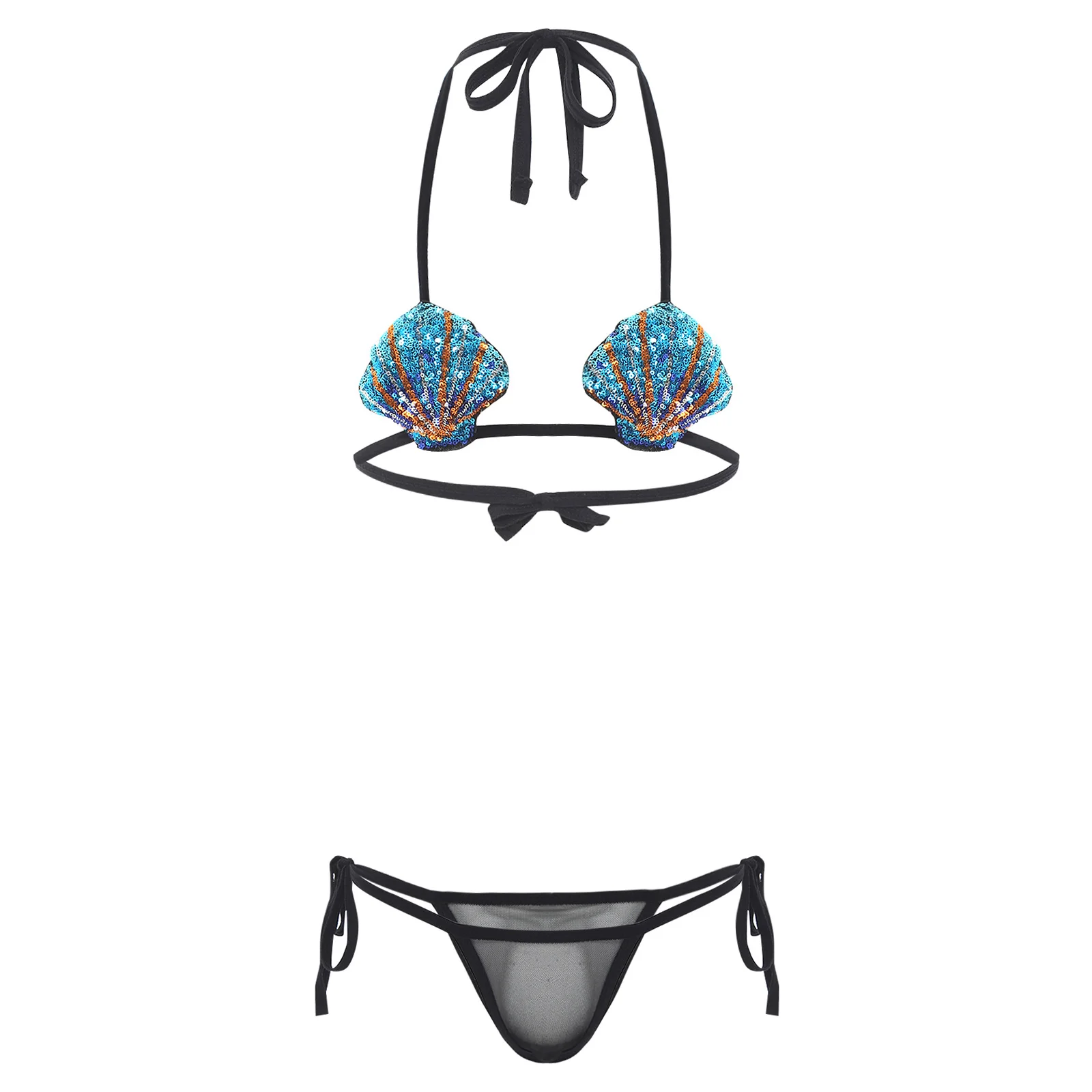 Women's Swimsuit Lingerie Mini Bikini Swimwear Set Shiny Sequins Bra Tops with Sheer Thong Tie Up Underwear Role Play Club Wear