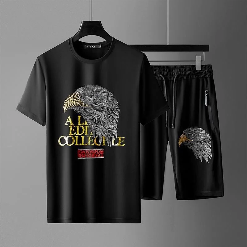 

Luxury brand Summer Fashion Brand Dominant Eagle Embroidery Hot Drill Short Sleeve Set Men's Casual Sports Shorts Two Piece