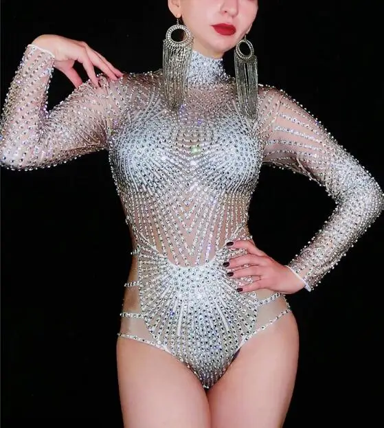 

Nightclub Stage Performance Dance Bodysuit DJ Women Rhinestone Shiny Elasticity Sexy Bar Tight