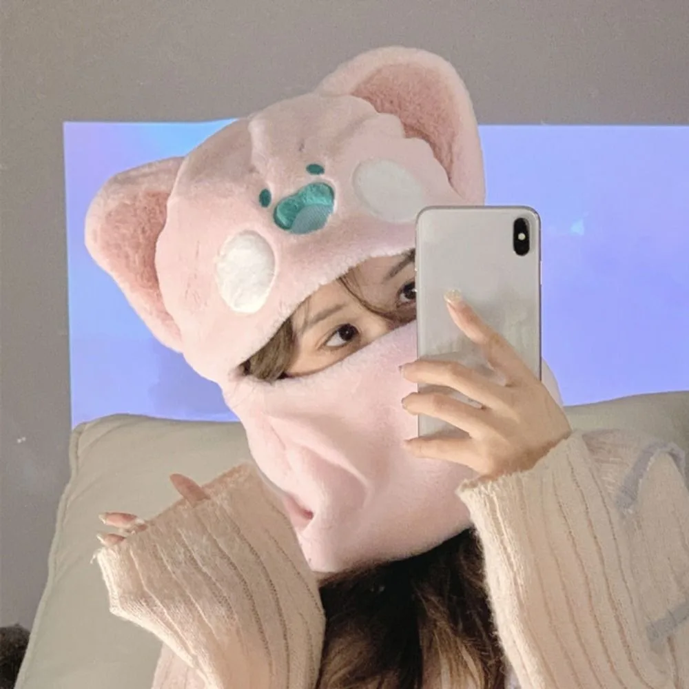 

Warm Plush Bear Hat Cute Neck with Wool Fluffy Ear Protection Hat Winter Soft Bucket Cap Cycling