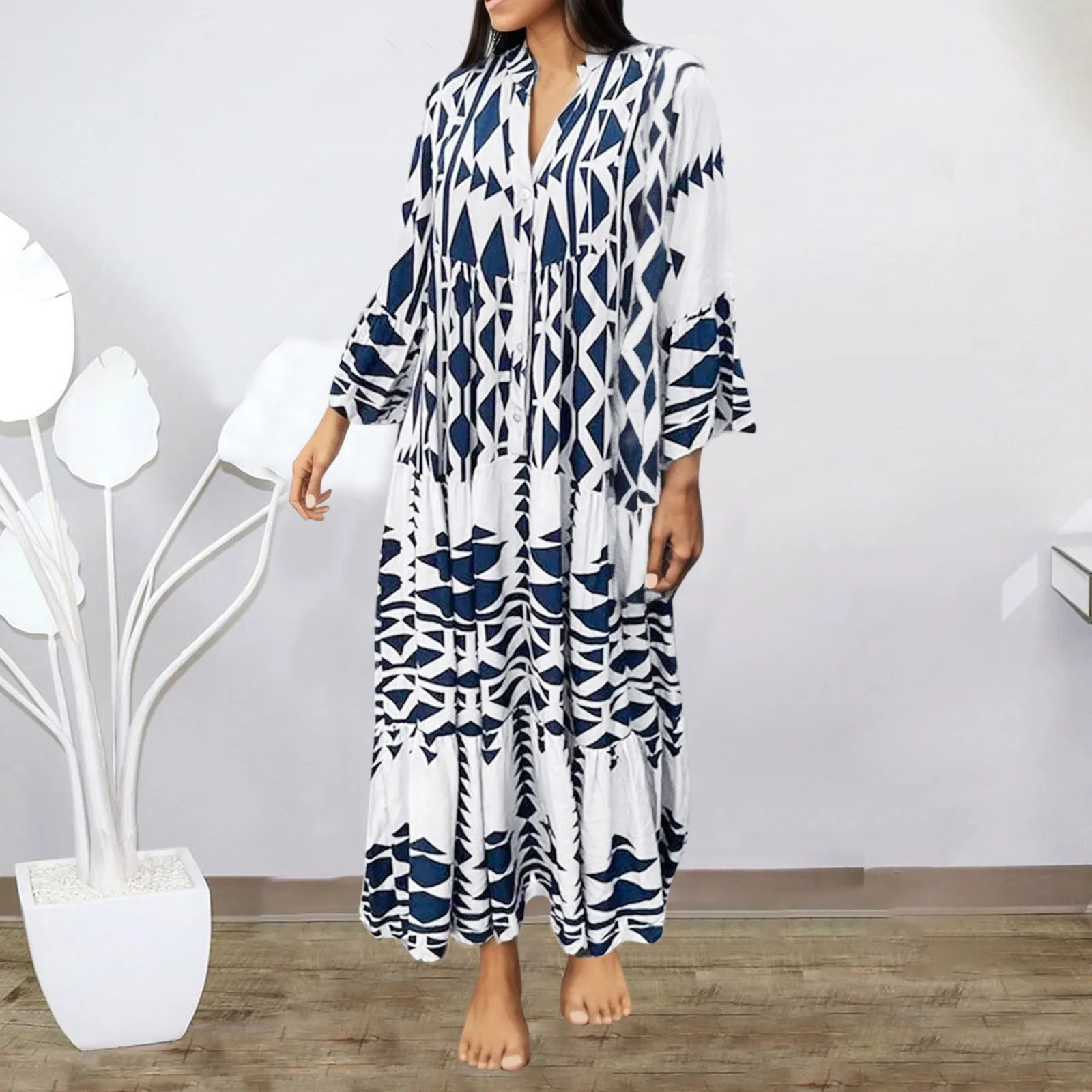

Elegant Summer Maxi Dress Women 2023 Casual Streetwear Vintage Geometric V Neck Boho Beach Long Loose Dresses Female Vestidos