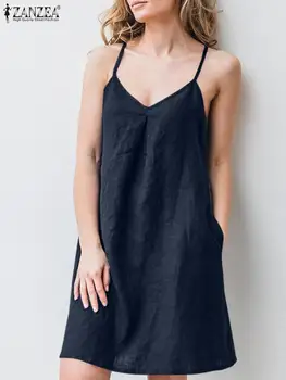 2023 ZANZEA Donne di Estate Backless Cinghie Vestito Solido Senza Maniche Con Scollo A V Vestito Estivo Femminile Casual Robe Partito Spiaggia Abiti Oversize 1