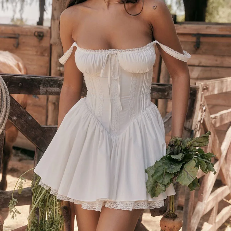 2024 New Fashion Summer Sleeveless Bandage Party Dress White Lace Cotton Loose Streetwear Print High Waist Sexy Dress F00068
