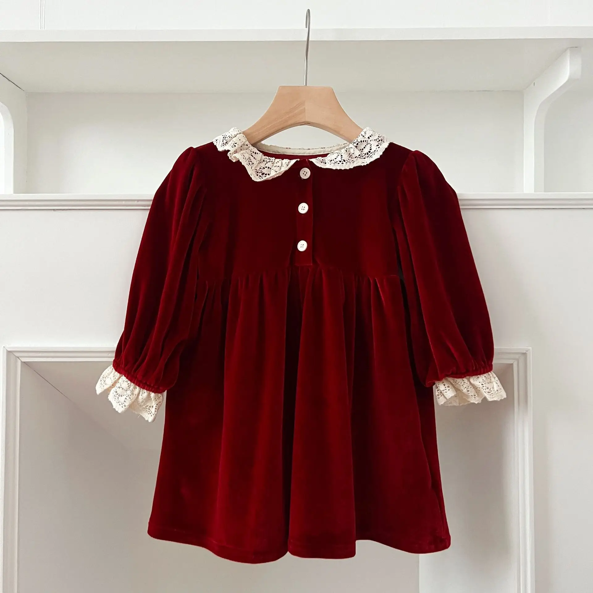 Kind Mädchen Zwei Stil Kleid Elegante Burgund Samt Outfits Spitze Peter Pan Kragen Spitze Getrimmt Manschetten Kinder Rock Baby Strampler – Detail 5