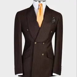 Brown Mens Striped Suits Slim Fit Custom Made Double Breasted Groom Jacket Wedding Men Suit Costume Homme Mariage