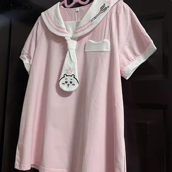 Japanese Sweet Lolita T-shirt Women Cute Sailor Collar Cartoon Print Kawaii Loose Tops Y2k Aesthetic Girls Harajuku Fairy Tees 1