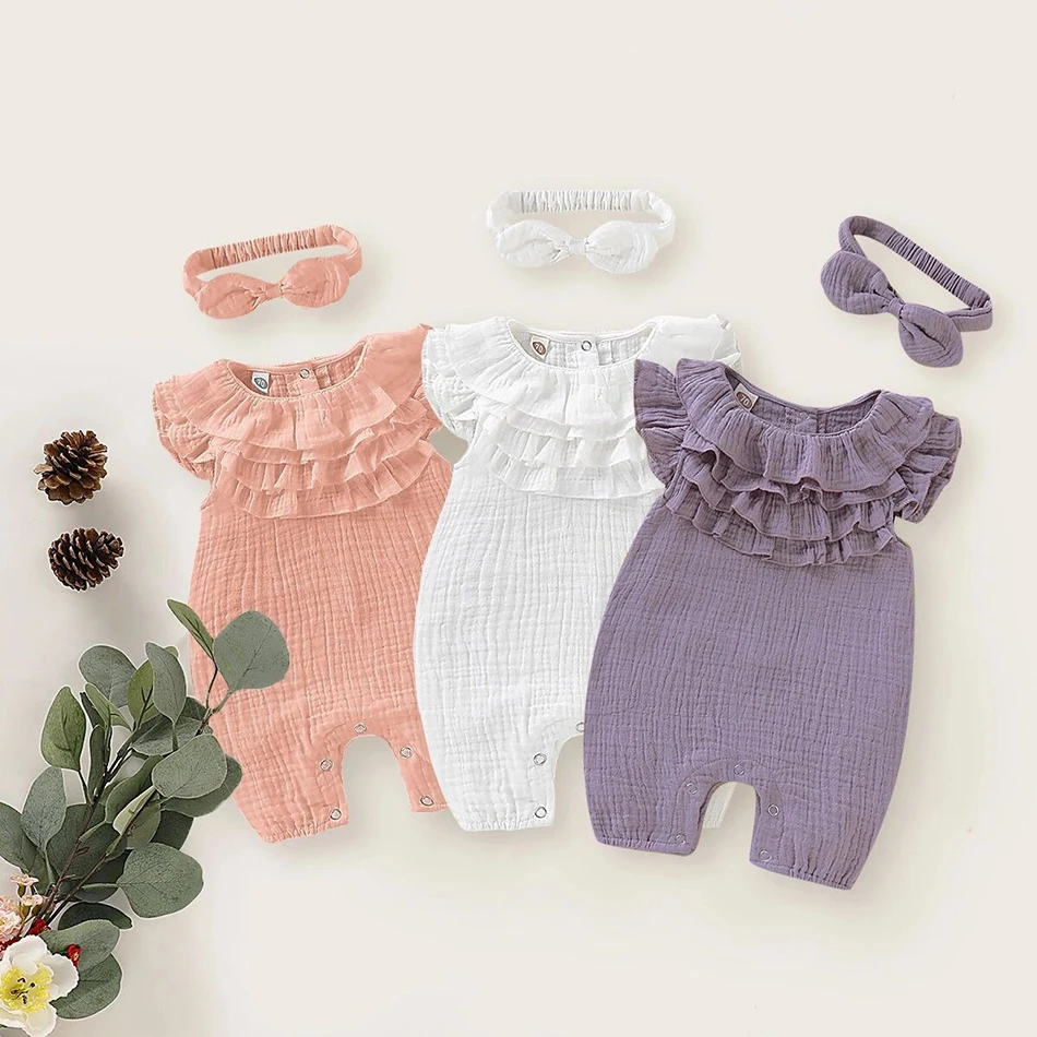 Baby Bodysuits medium Summer Baby Girls Romper + Headband Cotton Linen Ruffles Sleeveless Infant Rompers Newborn Baby Clothes Warm Baby Bodysuits 