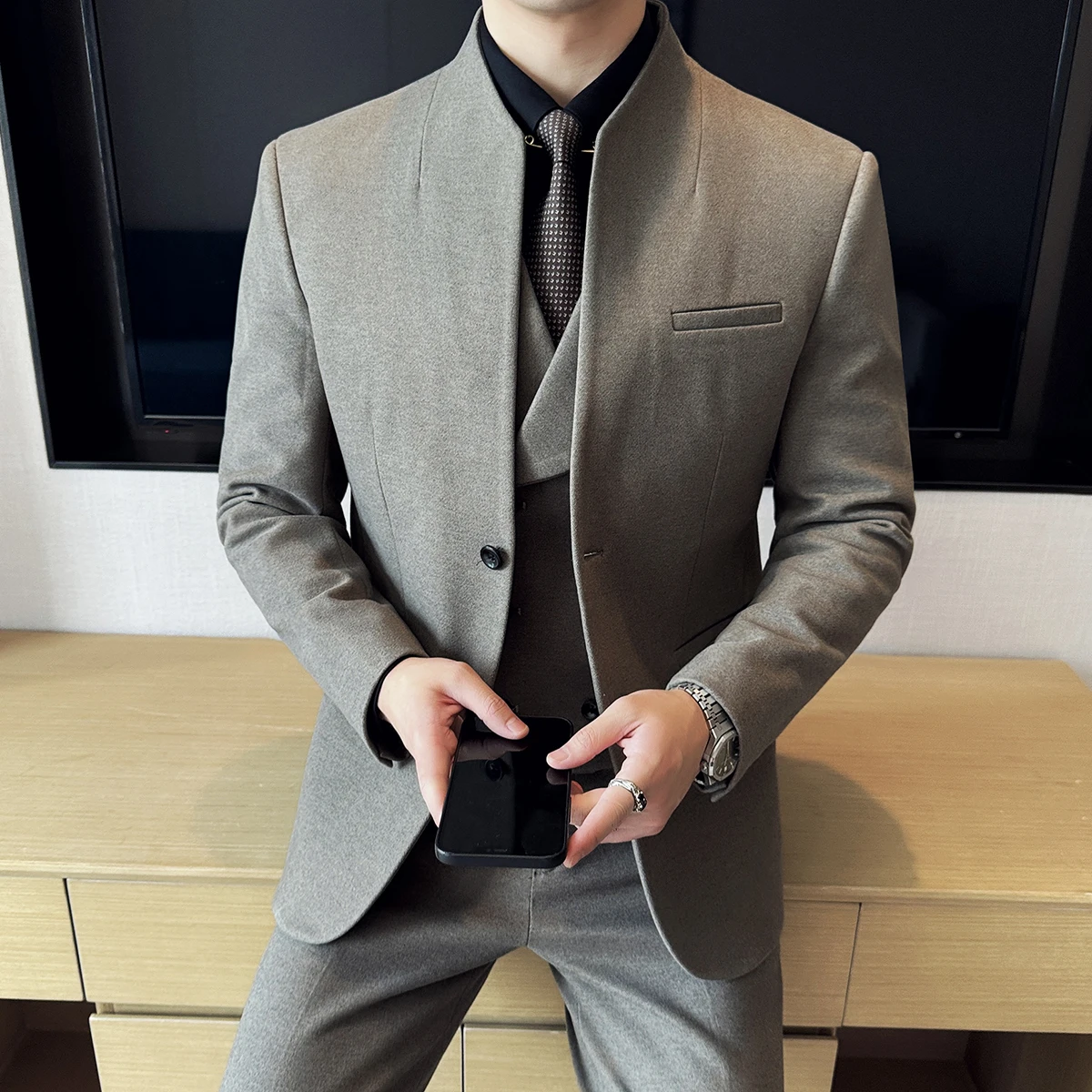 Chinese Stand-up Collar Woolen Suit Autumn Winter Men's Business Casual Groom Wedding Slim Fit Tuxedo ( Jacket+Pants ) Formal Suit Business Men Clothing