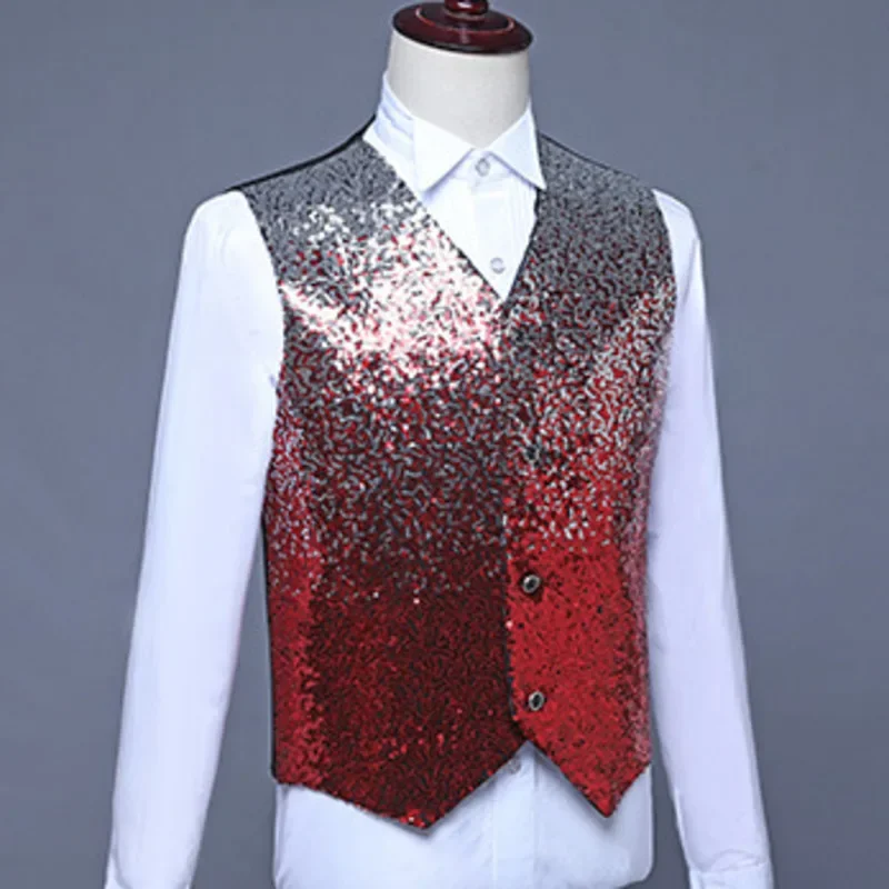 #4866 Gradient Color Sequins Vests Men Shinny Vests Male Dance Stage Singer For Men Slim Men's Vest Sleeveless Vest Male