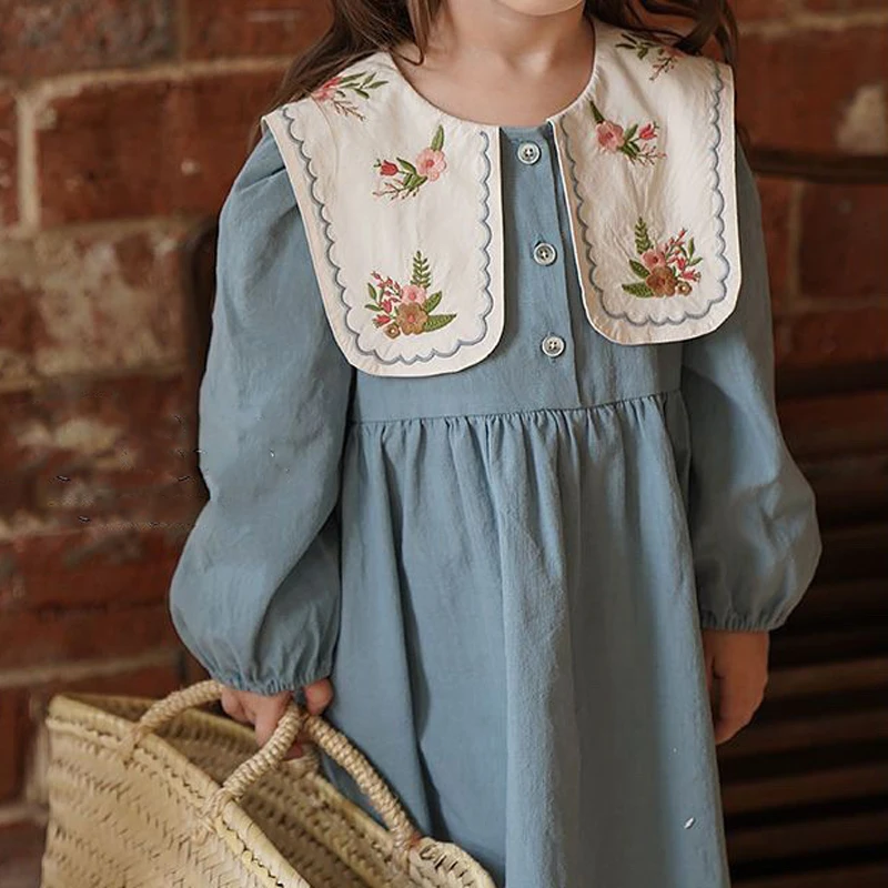 

Spring Girl's Embroidered Dress Children's Clothing Casual Autumn French Style Lapel Embroidered Princess Dresses For Baby Kids