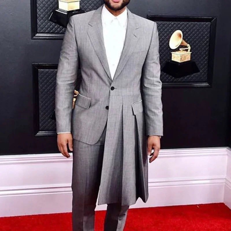 Grey Long Men Suits For Evening Prom Slim Fit Wedding Groom Tuxedo Notched Lapel 2 Piece Male Fashion Costume Jacket +Pants