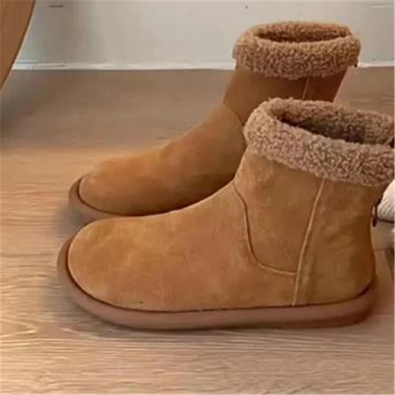 

Velvet Shoes for Women Round Toes Ladies' Flat Heels Zapatos Mujer Withfur Sewing Line Female Boots Solid Chassure Stitch Botas