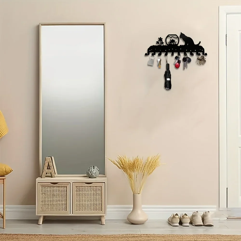 

Cute Cat Metal Wall Mounted Rack with 10 Hooks Wall Hanging Coat Hooks Key Holder Decorative Organizer Rack Hook Wall Deco