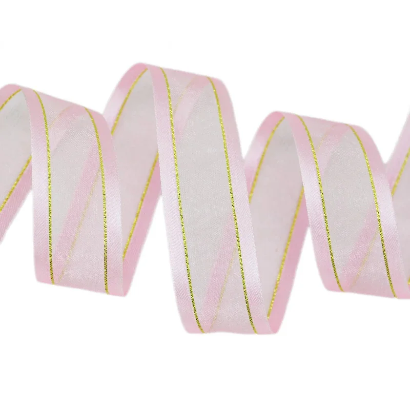 (10 Yards/lot) 25mm White Broadside Gold Edge Organza Ribbon Wholesale Gift Wrapping Decoration Ribbons