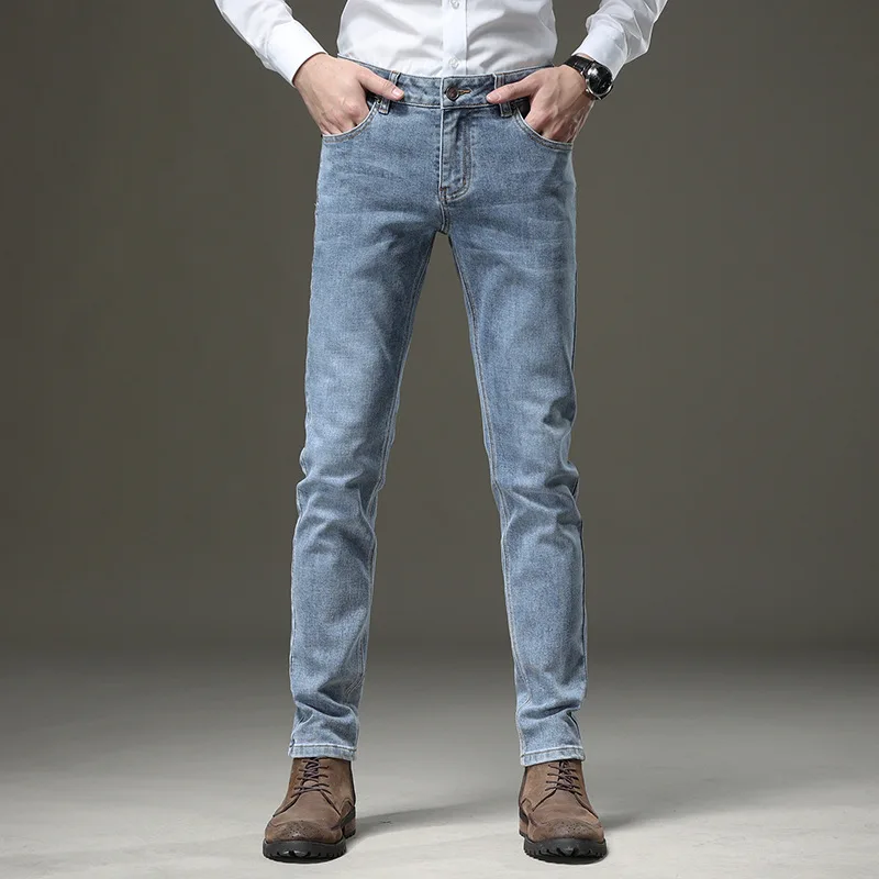 2022 Spring Summer autumn Light Blue Straight Jeans Men Business Fashion Stretch Cotton Denim Pants Male Brand Black Trousers |