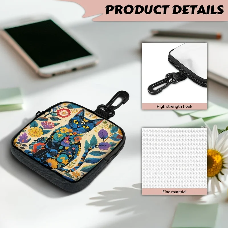Colorful Cat Print Coin Purse Artificial Leather Zipper Storage Bag Multi Functional Mini Earphone Case