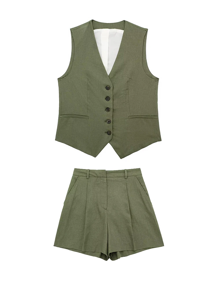 Willshela Women Fashion 2 Piece Set Solid Single Breasted V-Neck Vest & Vintage High Waist Shorts Female Chic Lady Shorts Set