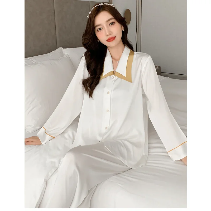 Home Clothes Two-piece Suit Summer Pajamas Women Long-sleeved  Ladies Ice Silk Silkly Smooth  Autumn Long Pants Sexy Nightwear