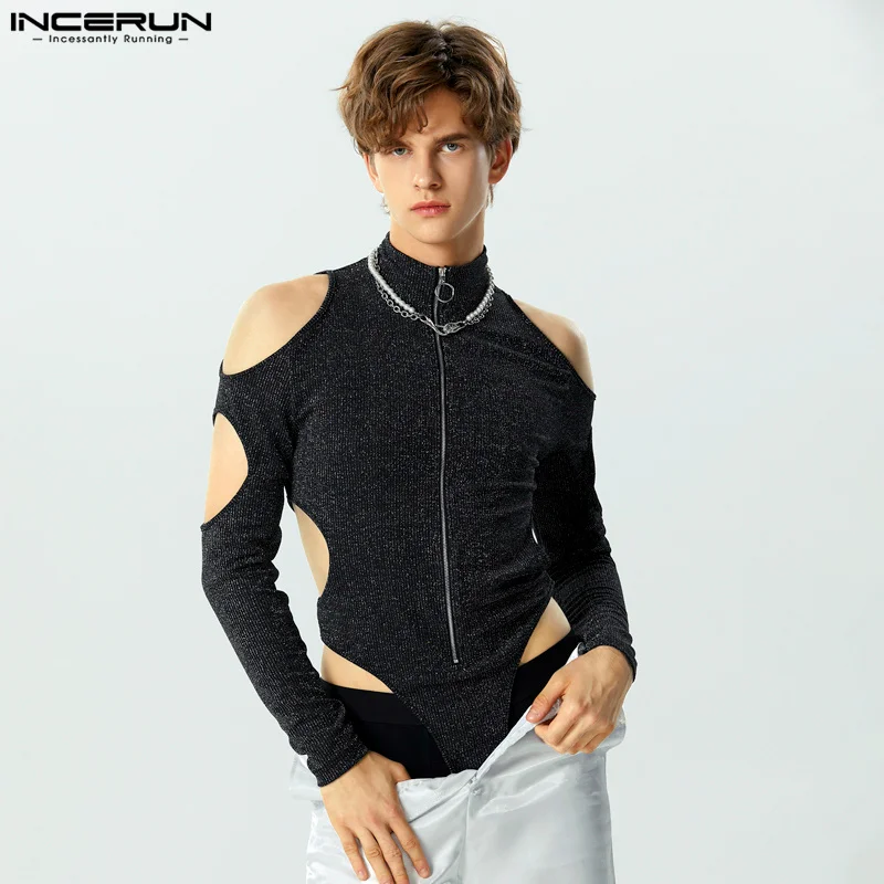 

Sexy Fashion Style New Men Bodysuits Hollow Zipper Flash Fabric Jumpsuits Pit Knitted Triangle Long Sleeve Rompers S-5XL INCERUN