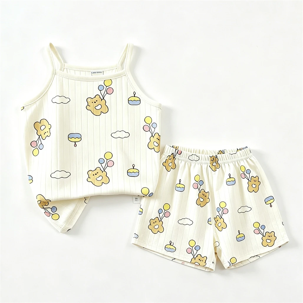 Girls Sleepwear Suits Sling+Shorts 2Piece Set Full Print Sleeveless Tops Thin Loose Pajamas Infant New Cute Summer Home Wear - 3