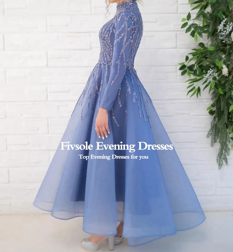 long evening gowns Fivsole Glitter Beaded Tulle Evening Dresses 2022 For Bride Long Sleeves A Line Tea Length Robes De Soirée Vestidos De Fiesta white evening gowns