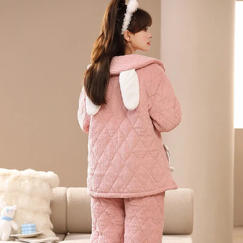Pajamas Three Layers Cotton Padded Sleepwear Sets Women Coral Velvet Warm Flannel Autumn Winter Outside Wear Home Service Suit