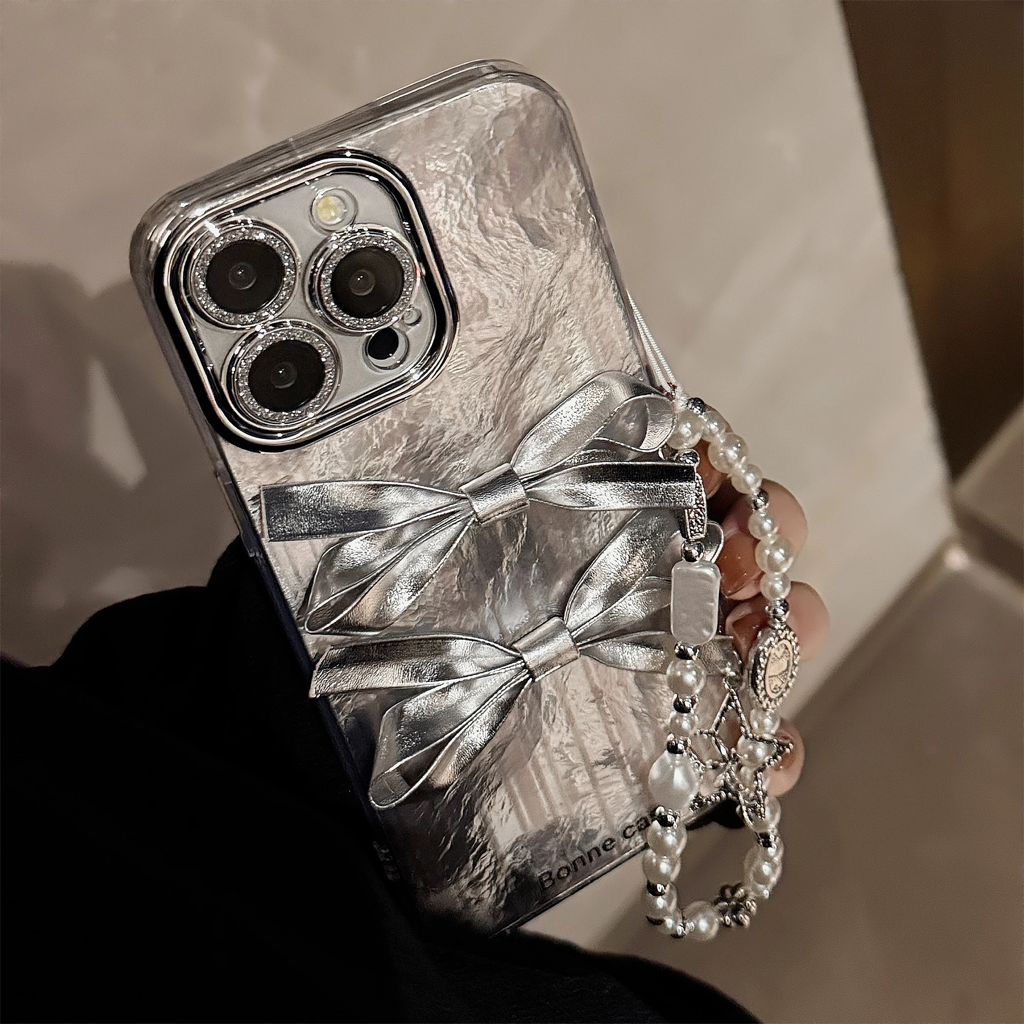 Ins Electroplated Silver Edge 3D Two Bowknots Bracelet Phone Case for iPhone 16 15 14 13 12 Pro Max 11 Back Cover Funda